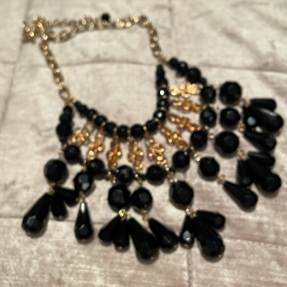 Beaded Cross Necklace Bib Black and Gold Ornate Style 18” plus 3” long